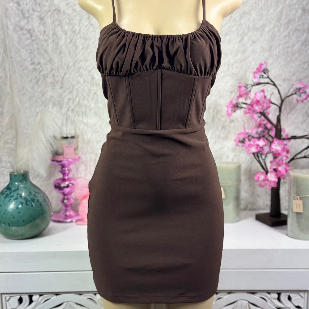 TIC TOC Chocolate Brown Corset Bodycon Mini Dress NWT Large